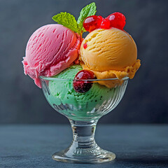 A vibrant ice cream sundae featuring scoops of strawberry, mango, and mint ice cream, topped with cherries and mint leaves in a clear glass dish.