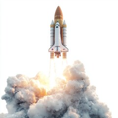 Rocket Launching into Sky with Bright Flames and Smoke Trail, Isolated on White Background in Dramatic Space Exploration Scene