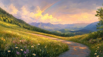 Obraz premium Amazing scene in summer mountains. Lush green grassy meadows in fantastic evening sunlight. Rural road and beautyful rainbow in dramatic sky. Landscape photography