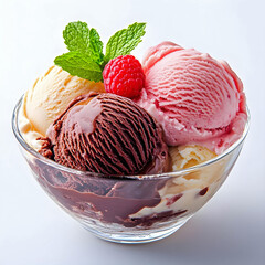 A tempting ice cream sundae with scoops of chocolate, strawberry, and vanilla ice cream, topped with a raspberry and fresh mint leaves in a clear glass bowl.