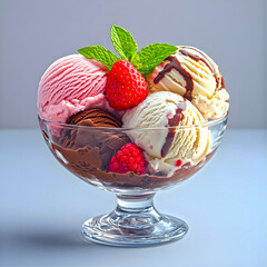 A delightful ice cream sundae featuring scoops of chocolate, strawberry, and vanilla ice cream, topped with fresh strawberries and mint leaves in a clear glass bowl.
