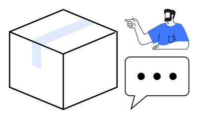 Man pointing to a large box, accompanied by a speech bubble with ellipsis. Ideal for communication, delivery, instruction, logistics, packaging, notifications educational content. Simple abstract