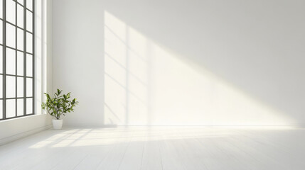 Obraz premium Minimalist room with large window and potted plant casting shadows