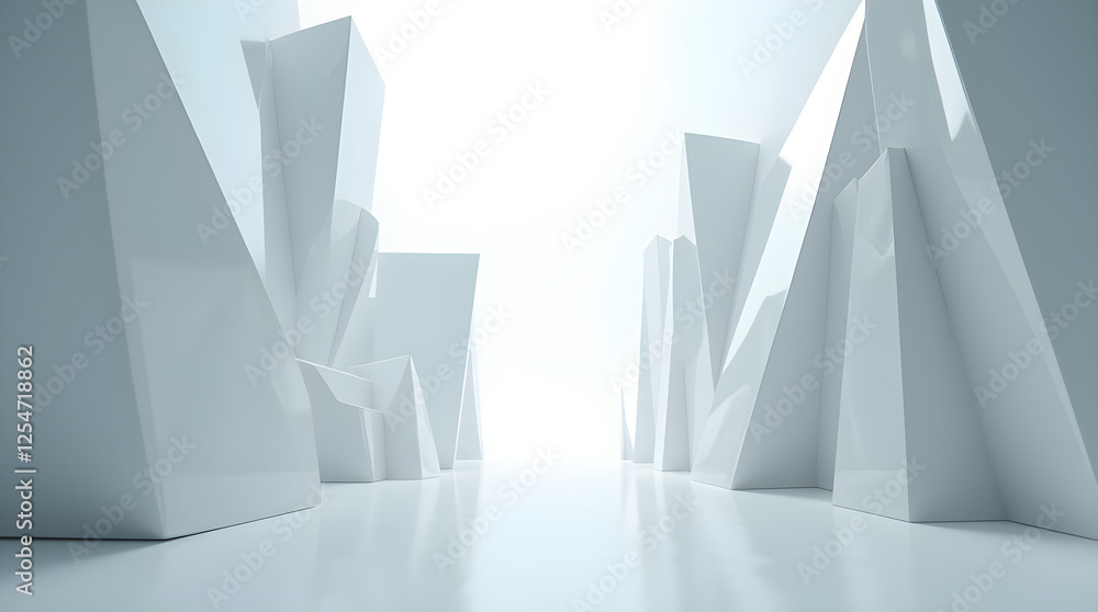 Poster abstract white geometric architecture: modern interior design with angular shapes and bright light, 