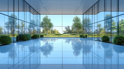 Modern glass-walled interior showcasing a serene outdoor landscape with lush greenery