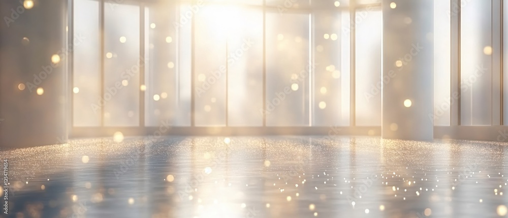 Poster bright light shines through window in empty room with reflective floor and golden bokeh