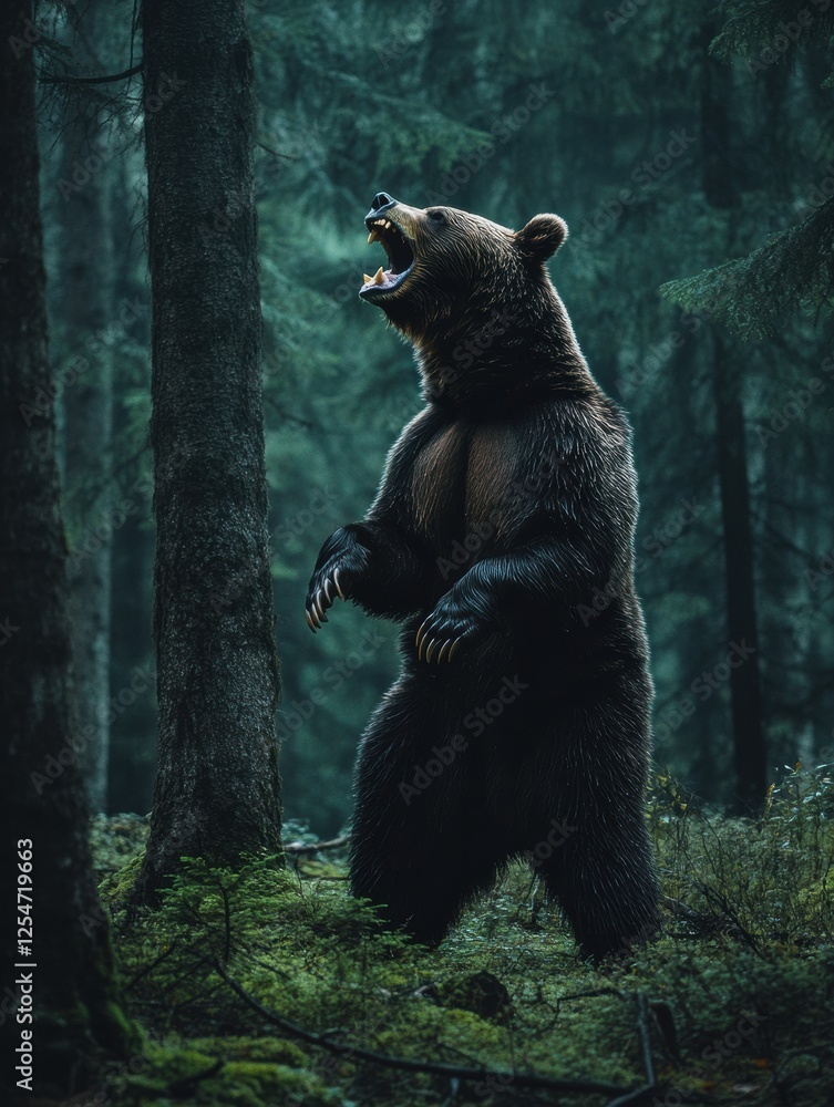 Aufkleber grizzly bear standing on hind legs in a dense forest during twilight hours. generative ai