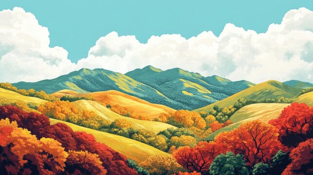 Autumn mountain panorama with vibrant foliage and rolling hills.