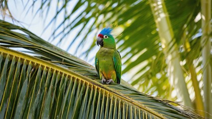 Blue-crowned Conure Perched on Palm Frond