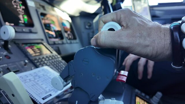 A close-up view ot the right hand of a white pilot (Captain side), adjusting the thrust levers of a jet airplane during the descent. 4K