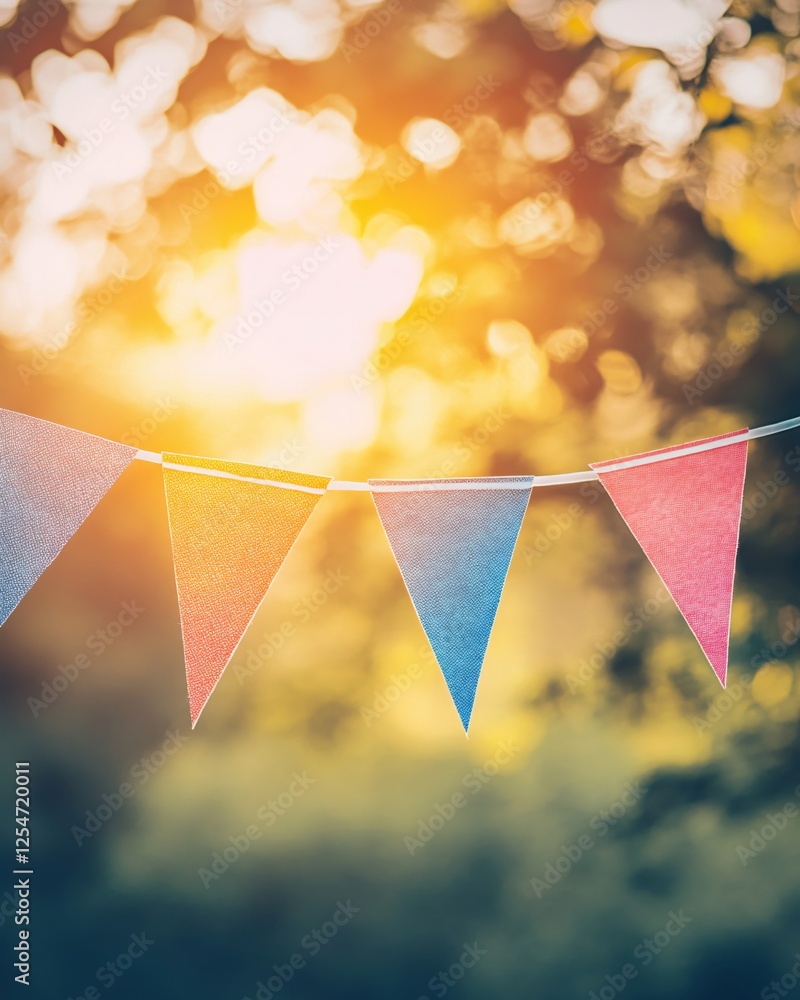 Poster festive bunting flags hang against a blurred golden bokeh background creating a warm and cheerful fe