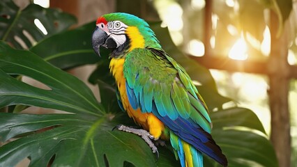 Fototapeta premium Blue and Gold Macaw Perched on Monstera Leaf