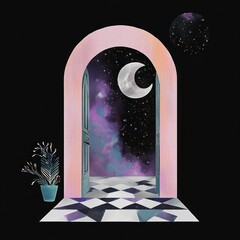 Door illustration night plant.