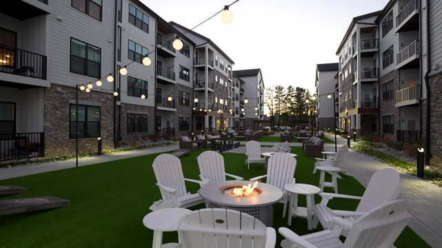 A cinematic pan from right to left reveals a courtyard at twilight, where twinkling bulb lights glow under the deep blue sky. A fire pit flickers in the breeze, surrounded by scattered lawn chairs.