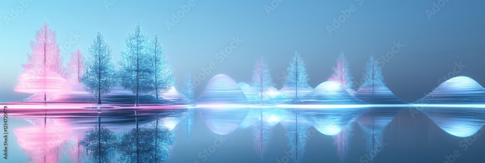 Poster Abstract glass forest with glowing tree shapes reflected in calm water at twilight. Generative AI