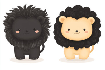 Cute cartoon lions with fluffy manes, one black and one light brown