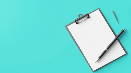 Blank clipboard with pen on turquoise background.