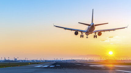 Naklejka premium commercial airplane landing at sunset, with vibrant sky and airport lights visible