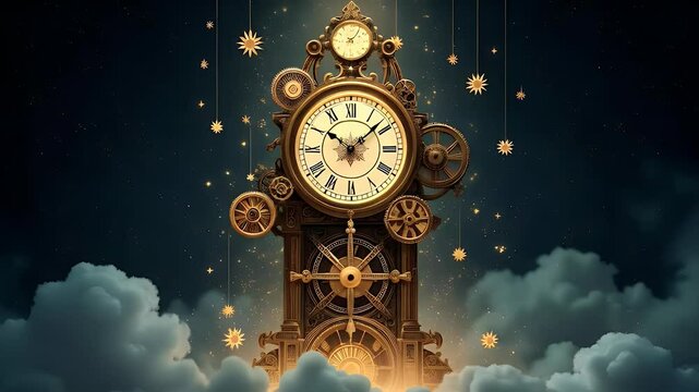A grand enchanted clock tower with floating golden gears and Roman numerals suspended in the starry sky, glowing softly as time flows in an endless loop