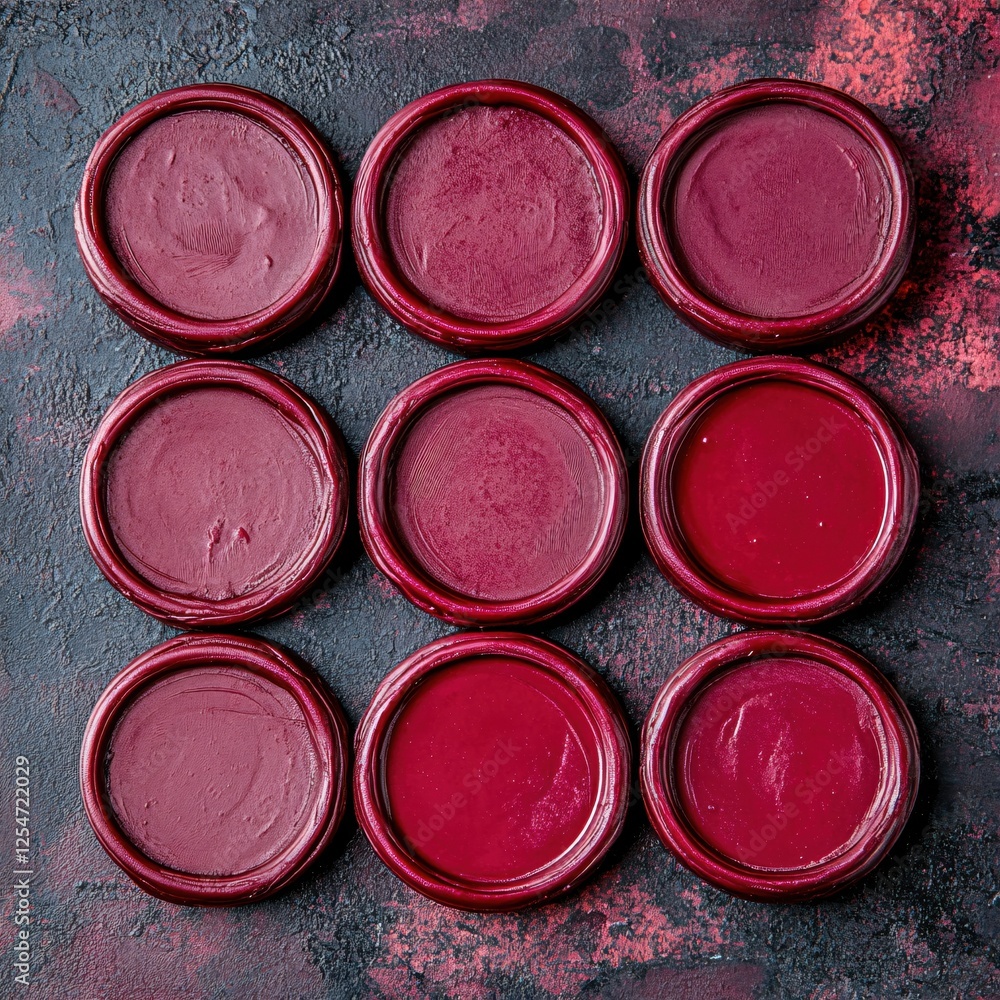 Poster nine round red wax seals arranged in a grid pattern on a textured dark surface background