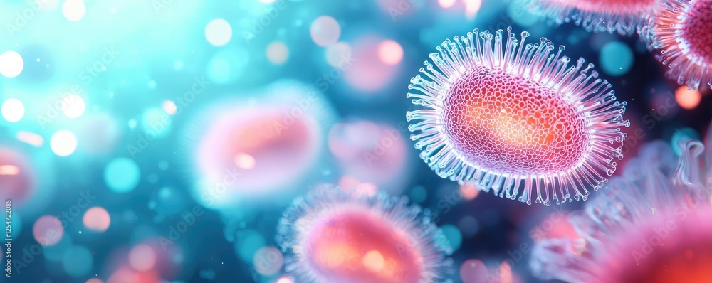 Poster marine environment microscopic idea. abstract representation of microorganisms in vivid colors and d
