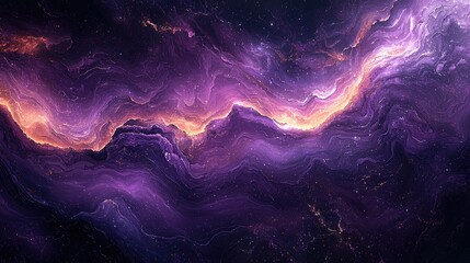 Abstract cosmic landscape featuring swirling purple and orange hues with starry background