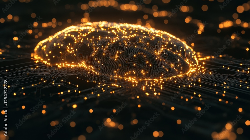 Poster illuminated abstract digital brain with glowing circuits in a modern tech environment. generative ai