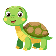 A cheerful turtle with a bright green shell smiles joyfully while standing on its legs. The whimsical character radiates happiness in a lively setting filled with colorful plants