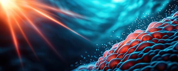 Microscopic ocean life microscopic concept. Close-up view of vibrant cellular structures illuminated by sunlight underwater.