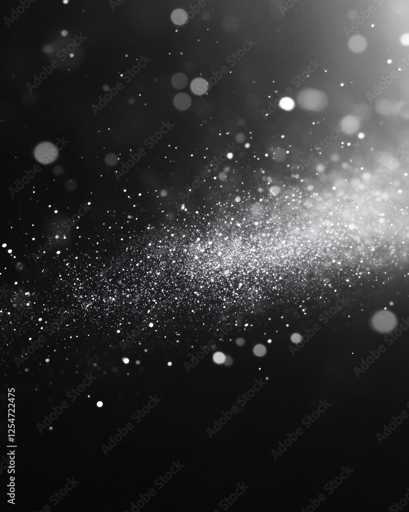 Poster abstract glitter dust particles floating in a dark space with blurred bokeh effect