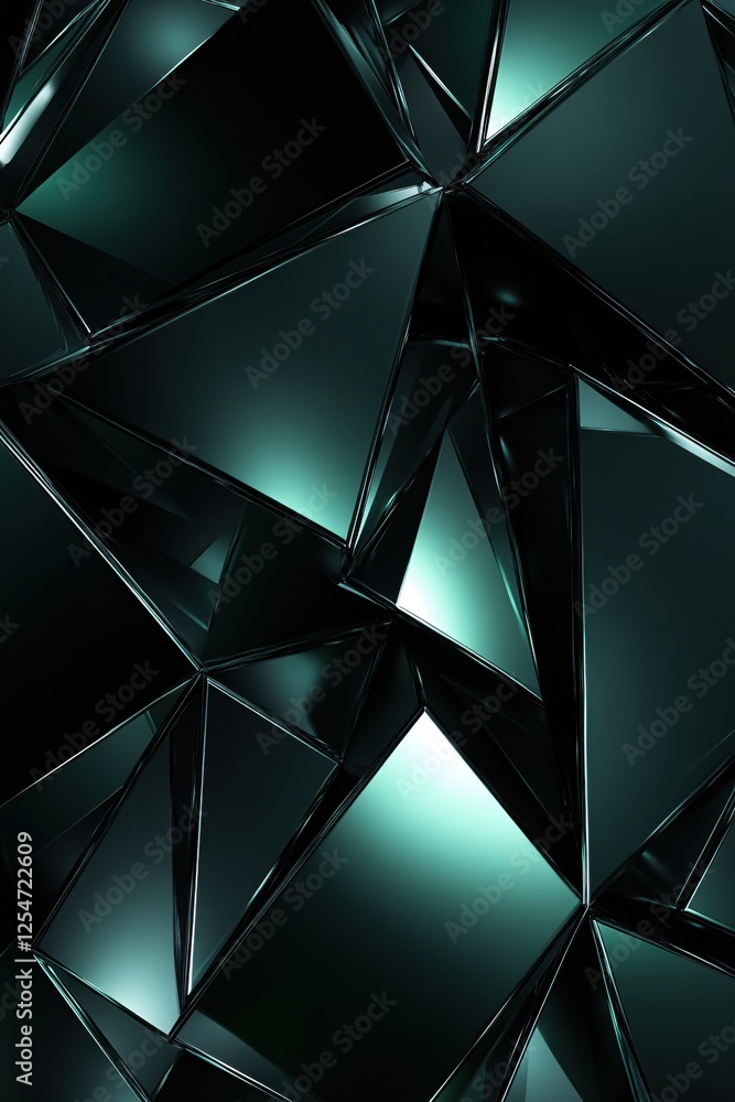 Poster abstract dark green geometric shapes with reflective surfaces creating a modern design