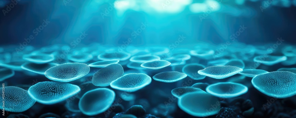 Poster marine environment microscopic idea. underwater view featuring shining bubbles illuminated by sunlig