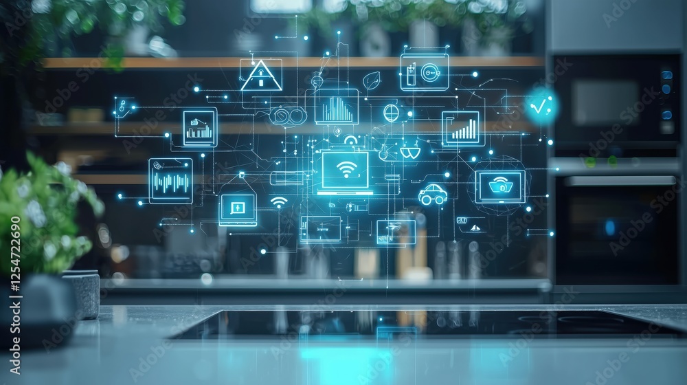 Poster High-Tech Smart Kitchen with Digital Interface Featuring IoT Icons and Data Visualizations Overlaid on Modern Countertop Surface