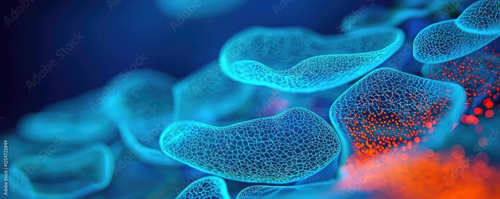Poster ocean conservation microscopic concept. abstract microscopic image of cell structures in vibrant blu
