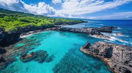 Coastal landscape with rocky shores and vibrant turquoise waters under a bright sky