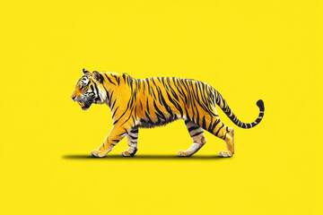 Naklejka premium tiger walking on vibrant yellow background, showcasing its majestic stripes