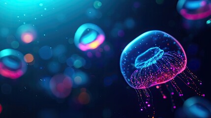 Microscopic ocean life microscopic concept. Vibrant jellyfish swimming in deep blue water, showcasing bioluminescent beauty.