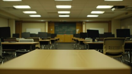 Empty office desk with vacant chairs and monitors, symbolizing layoffs and workplace downsizing. Concept of job loss, corporate restructuring, and economic uncertainty in modern business environment.