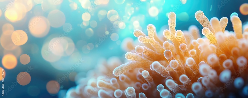 Poster marine environment microscopic idea. close-up view of vibrant coral with soft bokeh effect in ocean 