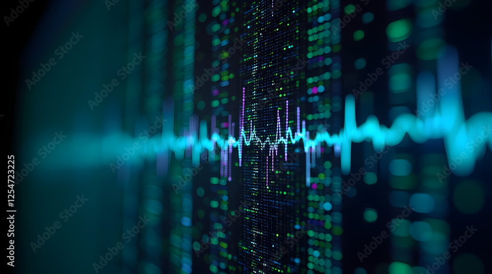 Aufkleber abstract digital waveform visualization: data analysis, cybersecurity, technology background with gl
