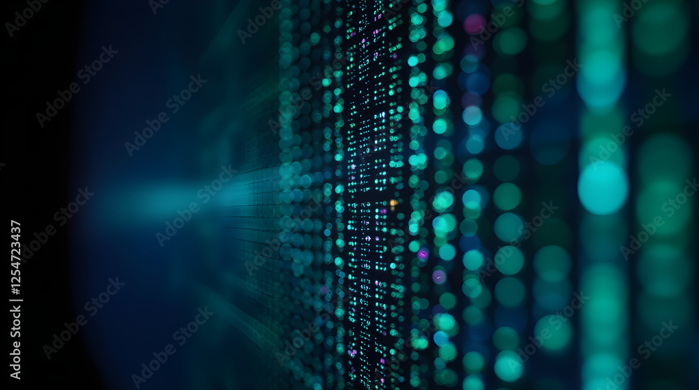 Poster abstract digital data stream background: blue and green bokeh lights, technology pattern, futuristic