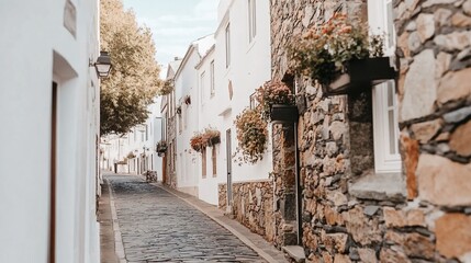 Fototapeta premium Quaint European alleyway, stone buildings, flowers, sunny day