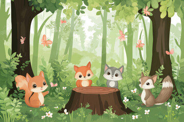 Naklejka premium Cute forest animals gather around tree stump in lush woodland setting