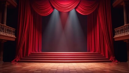 Fototapeta premium Grand red curtains, empty stage, ornate staircase bathed in spotlight , theater, design, luxury