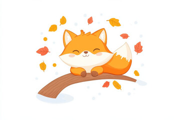 Fototapeta premium Cute fox resting on branch surrounded by autumn leaves