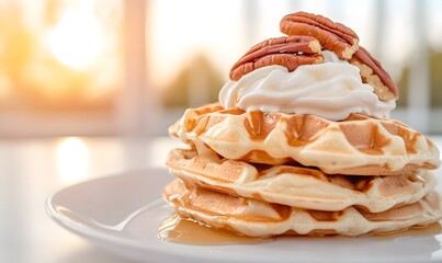 Peach Pecan waffle stack, with syrup and whipped cream on top, Generative AI