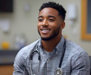 Nurse, hospital employee and portrait of black man in a healthcare, wellness and clinic feeling proud. Happy, smile and doctor in a medical facility with happiness from workplace vision and success