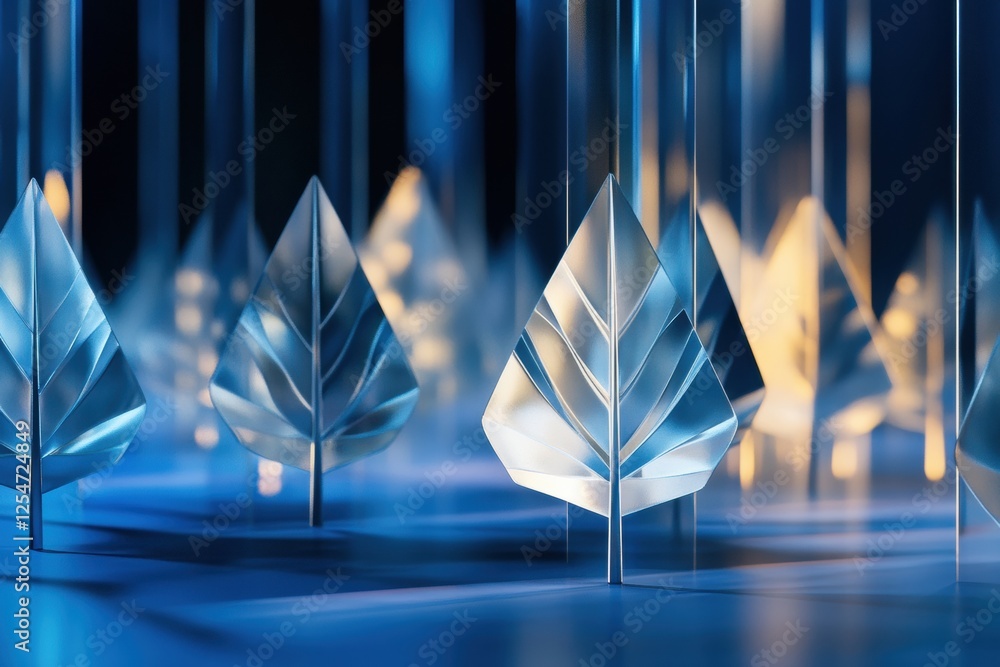 Poster explore a luminous glass forest with abstract tree shapes and glowing reflections in an enchanting s