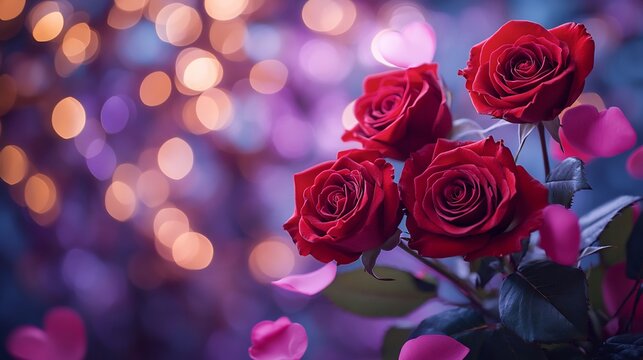 Heartwarming holiday scene with a bouquet of red roses pink petals and purple bokeh details perfect for Valentines anniversaries or romantic celebrations