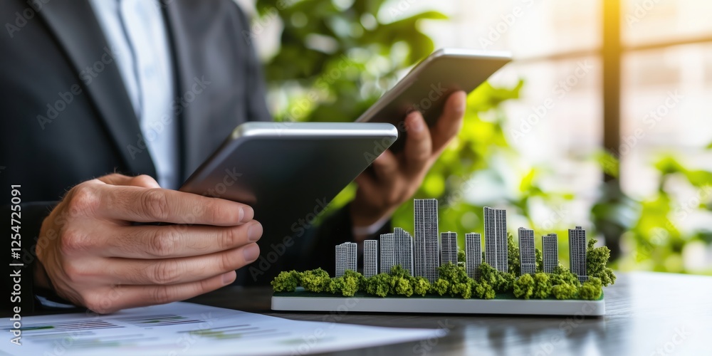 Poster business professional analyzing a miniature cityscape model while using digital devices in a modern 